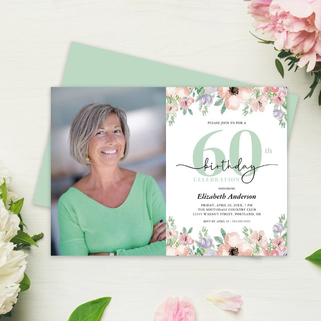 Invitación Foto Cumpleaños 60 Años Pastel Floral  (Subido por el creador)