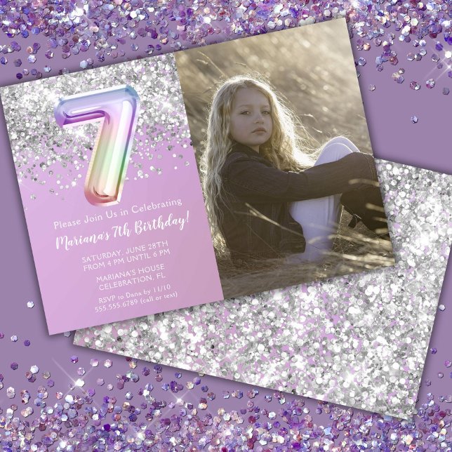 Invitación Foto Cumpleaños 7º Arcoíris Brillante (Subido por el creador)