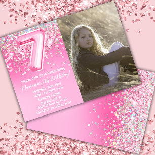 Invitación Foto Cumpleaños 7º Cumpleaños Glitter Rosa