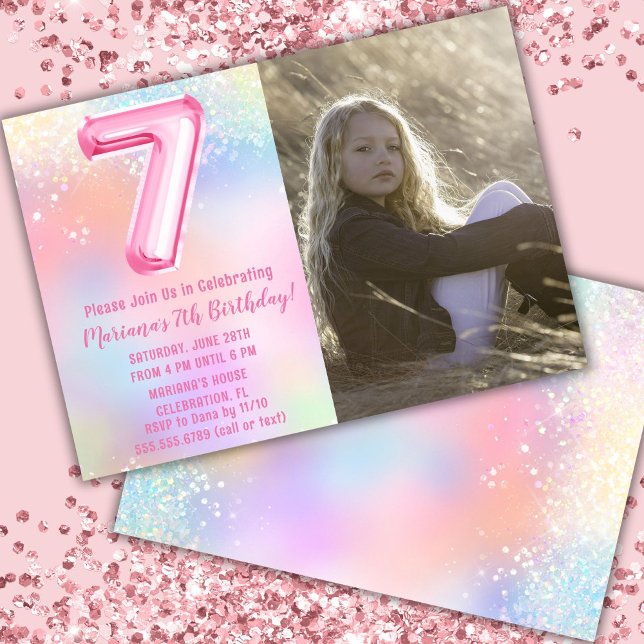 Invitación Foto Cumpleaños 7 Pink Rainbow (Subido por el creador)