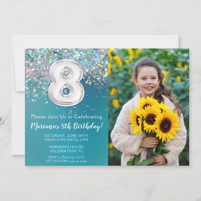 Invitación Foto Cumpleaños 8º Brillante Plateado (Anverso)