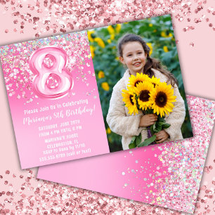 Invitación Foto Cumpleaños 8 años con Brillo Rosa