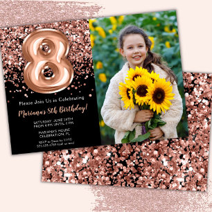 Invitación Foto Cumpleaños 8 años Rosa Negro Purpurina Dorada
