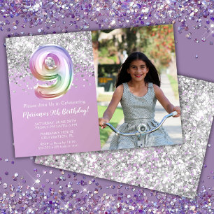 Invitación Foto Cumpleaños 9 años Sparkle Arcoíris
