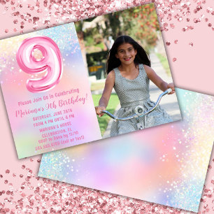 Invitación Foto Cumpleaños 9 Pink Rainbow