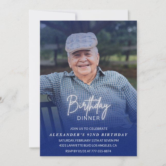Invitación Foto Cumpleaños Cena Sombra Azul 92 cumpleaños (Anverso)
