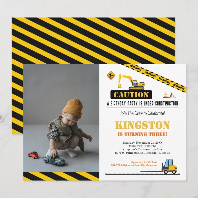 Invitación Foto Cumpleaños Construcción Infantil Detener El T (Anverso / Reverso)