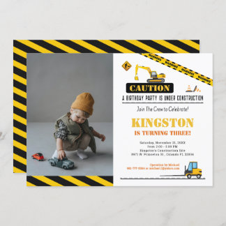 Invitación Foto Cumpleaños Construcción Infantil Detener El T