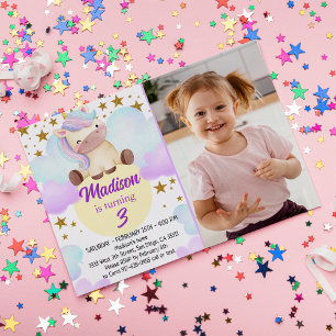 Invitación Foto cumpleaños de Cute Unicorn y Gold Stars