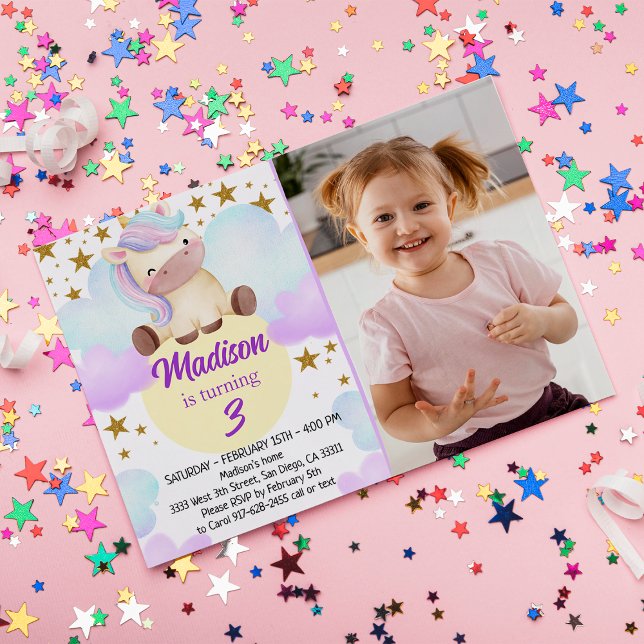 Invitación Foto cumpleaños de Cute Unicorn y Gold Stars (Subido por el creador)