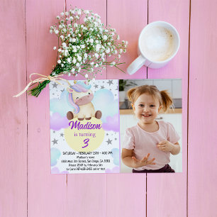 Invitación Foto cumpleaños de Cute Unicorn y Silver Stars