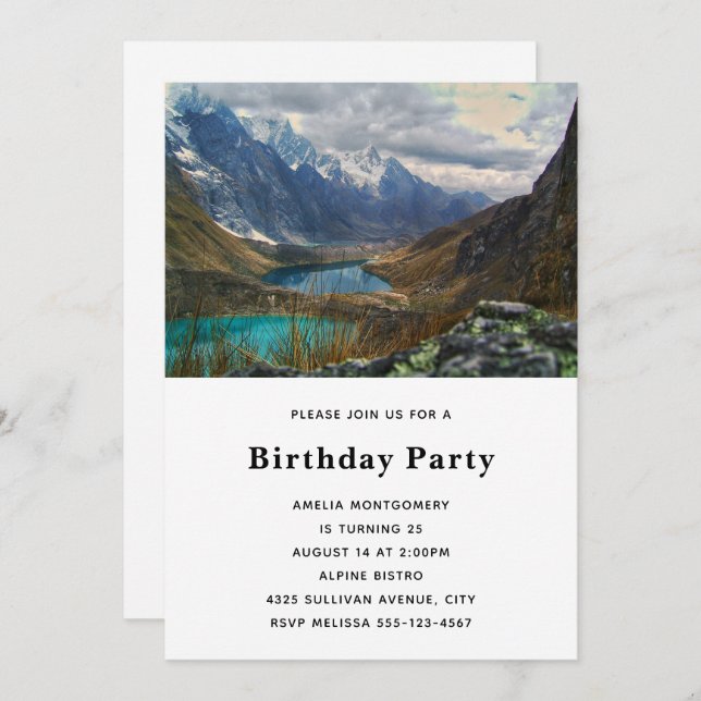 Invitación Foto cumpleaños de las montañas alpinas (Anverso / Reverso)