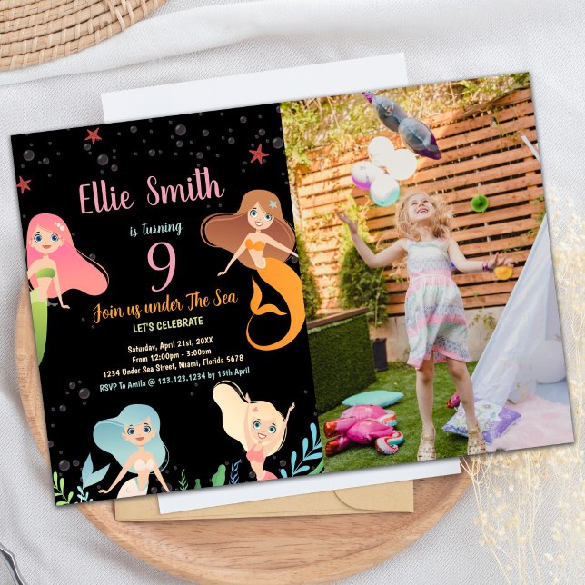 Invitación Foto: Cumpleaños de las sirenas negras bajo el mar (Photo Black Mermaids Birthday Under the sea Invitation)