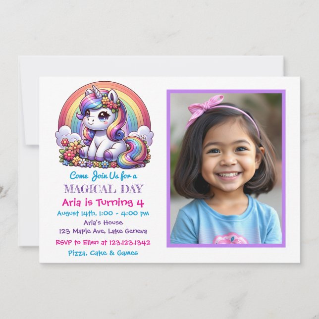 Invitación Foto cumpleaños de niño de Unicornio y Arcoiris (Anverso)