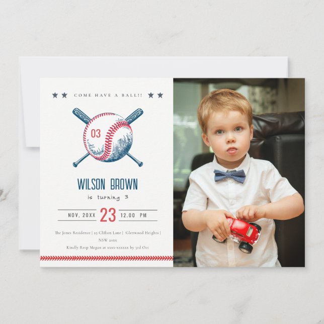 Invitación Foto cumpleaños de niños de béisbol rojo de la Mar (Anverso)
