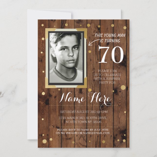 Invitación Foto Cumpleaños Estilo Vintage Madera Cualquier In (Anverso)