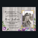 Invitación Foto Cumpleaños Floral Rusood Purple invita<br><div class="desc">Añade tu foto a esta invitación de madera de estilo vintage. Agregue cualquier edad. Se incluye la impresión posterior.</div>