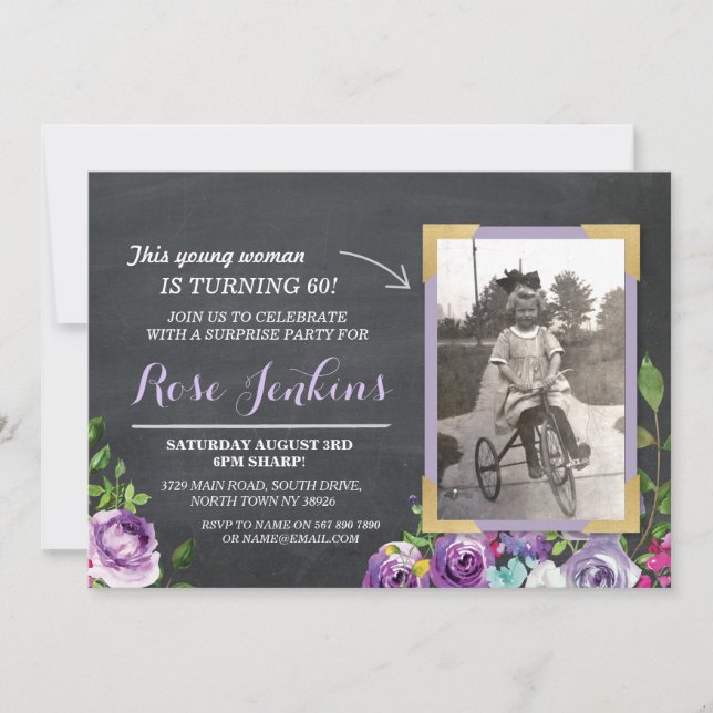 Invitación Foto Cumpleaños Floral Rustic Chalk Purple invita (Anverso)