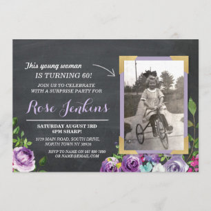 Invitación Foto Cumpleaños Floral Rustic Chalk Purple invita