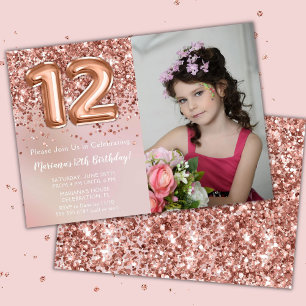 Invitación Foto Cumpleaños niña 12 años fiesta Rosa Dorado