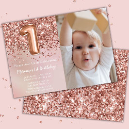 Invitación Foto Cumpleaños niña 1er cumpleaños Rosa Dorado