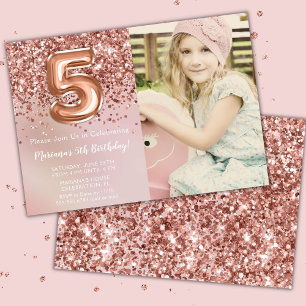 Invitación Foto Cumpleaños niña 5 años fiesta Rosa Oro