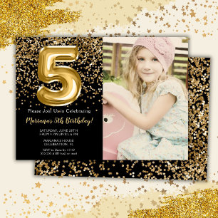 Invitación Foto Cumpleaños Niña 5 Años Fiesta Tema Oro Negro