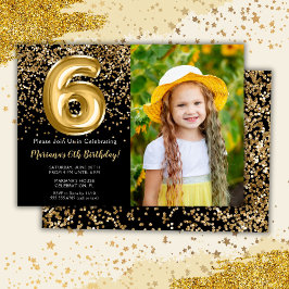 Invitación Foto Cumpleaños niña 6 años fiesta tema oro negro