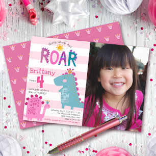 Invitación Foto Cumpleaños Niña Dinosaurio Divertido Pisotea