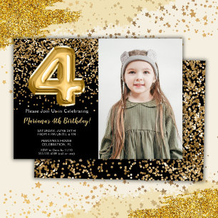 Invitación Foto Cumpleaños Niña Negra Oro Kids 4to