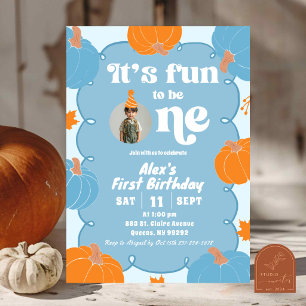 Invitación Foto Cumpleaños Primero Naranja Azul Calabaza Dive