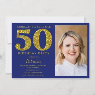 Invitación Foto Cumpleaños Sorpresa 50 Aniversario Brillo Dor