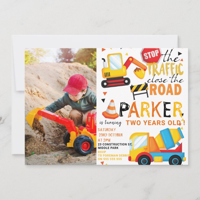 Invitación Foto Cuta de Cumpleaños de Construcción (Anverso)