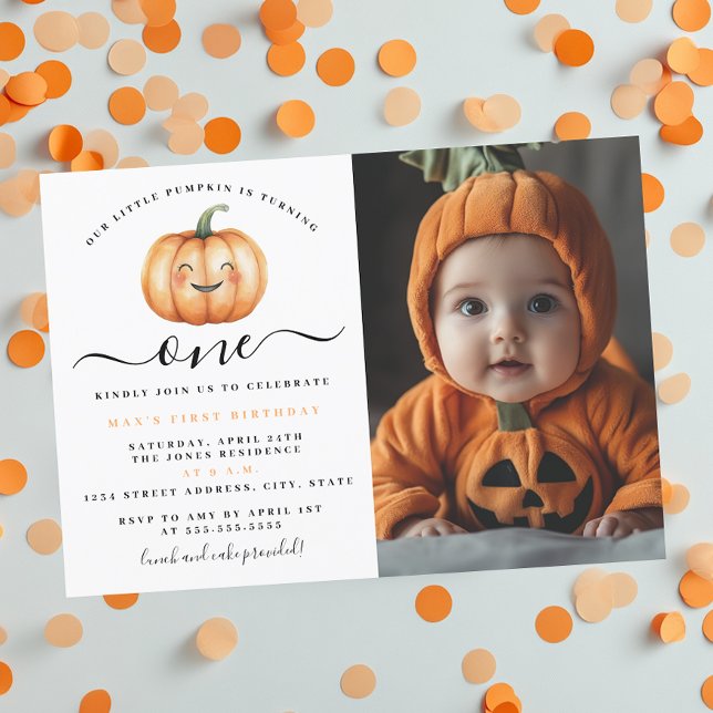 Invitación Foto Cuta Pequeña Calabaza Primera Fiesta de Cumpl (Subido por el creador)