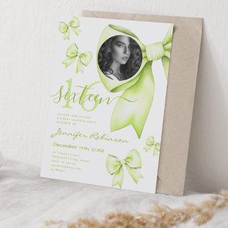 Invitación FOTO Cute Coquette Lime Green Bow Sweet 16