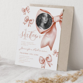 Invitación FOTO Cute Coquette Rosa Gold Bow Sweet 16