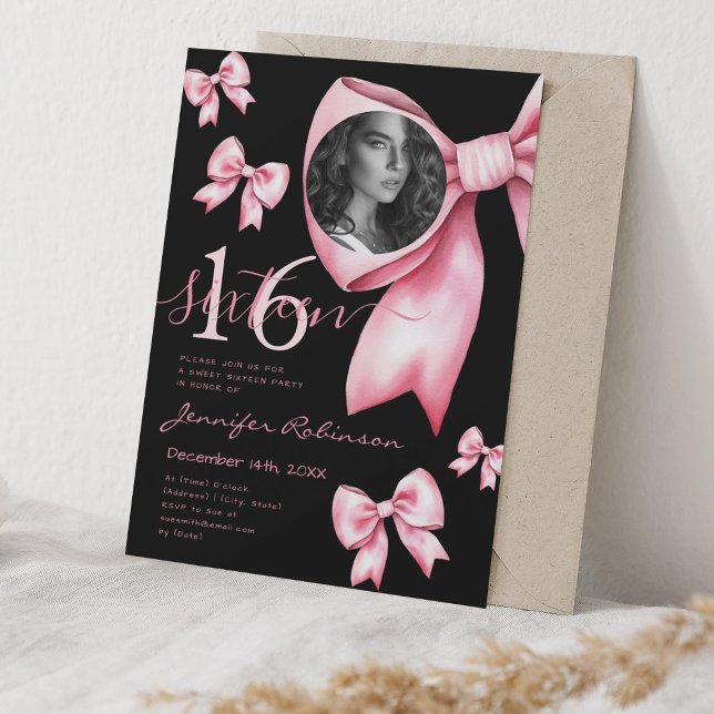 Invitación FOTO Cute Coquette Rubor Pink Bow Sweet 16 Black (PHOTO Cute Coquette Blush Pink Bow Sweet 16 Black Invitation)