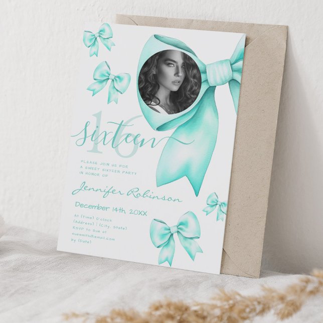 Invitación FOTO Cute Coquette Turquoise Bow Sweet 16 (PHOTO Cute Coquette Turquoise Bow Sweet 16 Invitation)