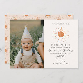 Invitación Foto Cute Sol Amarillo Retro Mínimo Primer Cumplea