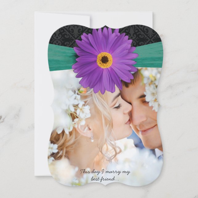 Invitación Foto Damask Lilac Emerald Gerber Daisy Boda (Anverso)