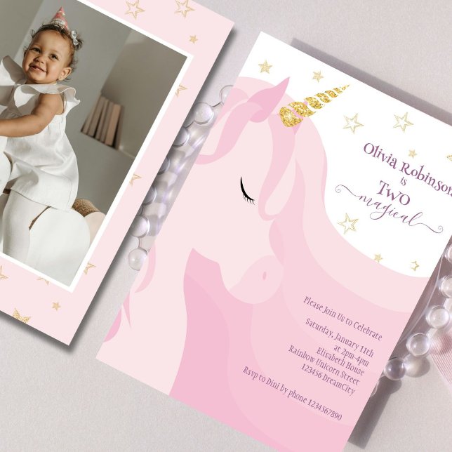 Invitación Foto de 2º cumpleaños de Magical Pink Gold Unicorn (Subido por el creador)