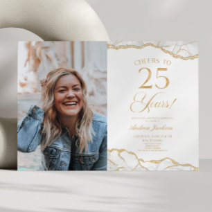 Invitación Foto de 25 cumpleaños de White Gold Agate