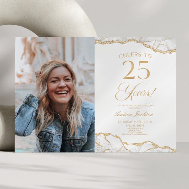 Invitación Foto de 25 cumpleaños de White Gold Agate (Subido por el creador)