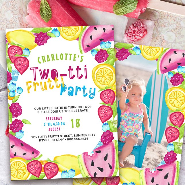 Invitación Foto de 2 cumpleaños del Fiesta DOStti Frutti (Two-tti frutti such a cutie 2nd birthday invitation with photo on the back)