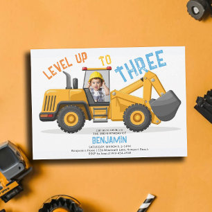 Invitación Foto de 3er cumpleaños del nivel del bulldozer de 