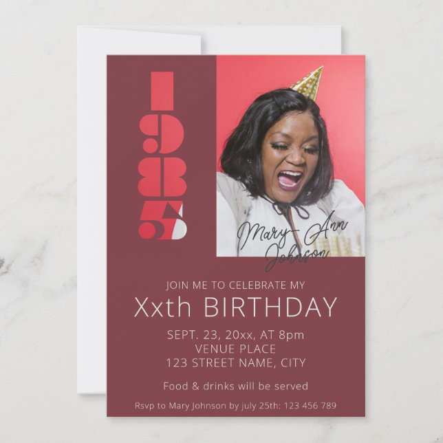 Invitación Foto de 40 años nacida en 1985 en rojo burdeos (Anverso)