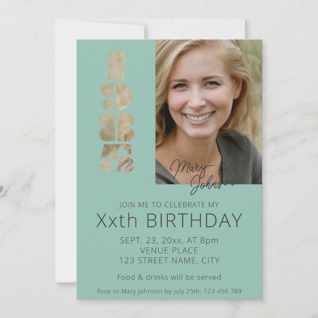 Invitación Foto de 40 años nacida en azul verde azulado en 19 (Anverso)