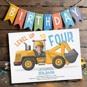 Invitación Foto de 4to cumpleaños del nivel del bulldozer de 