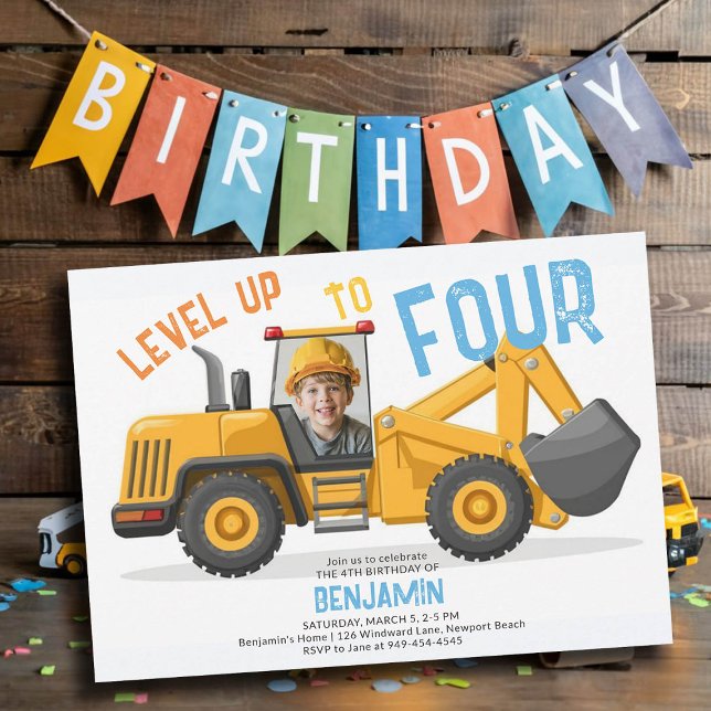 Invitación Foto de 4to cumpleaños del nivel del bulldozer de  (photo construction invitation 4th birthday four fourth boys bulldozer vehicle theme personalized)