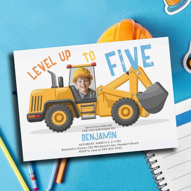 Invitación Foto de 5º cumpleaños del nivel del bulldozer de c (photo construction invitation 5th birthday five fifth boys bulldozer vehicle theme personalized)